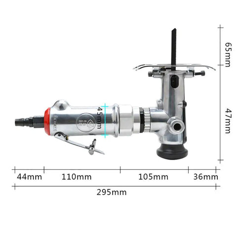 Knockout Pneumatic Jigsaw For Woodworking And Furniture Fab, Portable Air Reciprocating Saw With Swappable Handle, Heavy Duty Motor Cuts Through Lumber No Sweat During Any Reno Build, side view with dimensions shown.