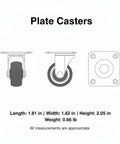 Diagram showing dimensions of locking casters for heavy furniture with TPR rubber plate wheels, chrome plated steel brakes, no slip grip.