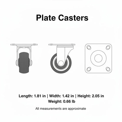 Diagram showing dimensions of locking casters for heavy furniture with TPR rubber plate wheels, chrome plated steel brakes, no slip grip.