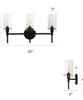 Dimensions of a 3-Light Gold Vanity Light With Seeded Glass Shades For Bathroom Over Mirror, 24.5 Inch Long fixture details.