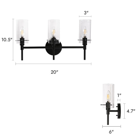 Dimensions of a 3-Light Gold Vanity Light With Seeded Glass Shades For Bathroom Over Mirror, 24.5 Inch Long fixture details.