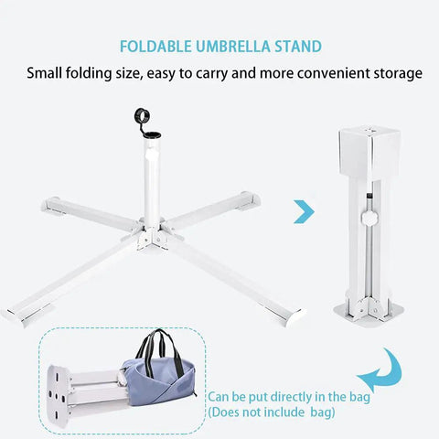Super Tough Foldable Portable Beach Umbrella Stand Built For Sand And Grass, shown opened and folded, with carrying case.