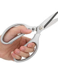Hand holding Heavy Duty 8.5 Inch Stainless Steel Scissors With Aluminum Alloy Handle For Kitchen Fabric Paper Plants And Everyday Cutting Tasks.