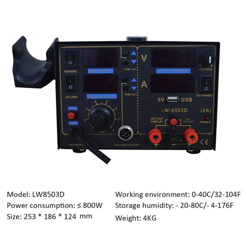 ProGrade 3 In 1 Electronics Rework Station With Smart PID Soldering Iron And Hot Air Gun, showing control panel and connectors.