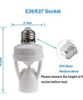 Two Pack Motion Activated Light Socket Adapters For E26 And E27 Bulbs Auto On Off Dusk To Dawn Sensor Indoor Use For Porch Garage Basement Hallways Closets Laundry Rooms, E26/E27 socket adapter, 4.53in high