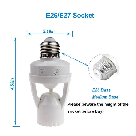Two Pack Motion Activated Light Socket Adapters For E26 And E27 Bulbs Auto On Off Dusk To Dawn Sensor Indoor Use For Porch Garage Basement Hallways Closets Laundry Rooms, E26/E27 socket adapter, 4.53in high