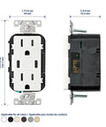 Front and side view of Dual USB Type-C PD In-Wall Charger With 15A Tamper-Resistant Outlet, dimensions labeled.