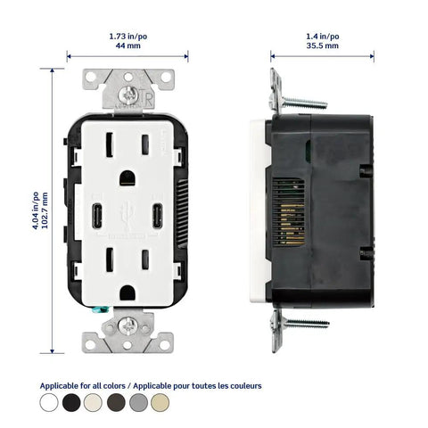 Front and side view of Dual USB Type-C PD In-Wall Charger With 15A Tamper-Resistant Outlet, dimensions labeled.