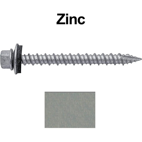 Side view of a galvanized hex head roofing screw with EPDM washer. 250 Count 10x2 Galvanized Hex Head Roofing Screws With EPDM Washer For Metal To Wood Siding Self Starting, Color Matched Heads For Durable Roof Installations