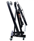 Hardcore 2 Ton Hydraulic Engine Hoist Cherry Picker Shop Crane showing folded steel frame and casters for easy garage mobility.
