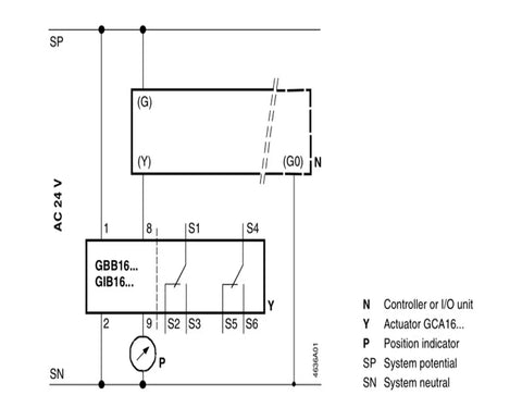 Wiring diagram for Heavy Duty 24V AC Modulating Air Damper Actuator Gbb164.1E showing connections and components.