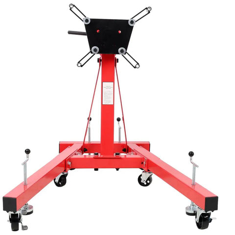 Heavy Duty Folding Engine Stand With Geared 360 Degree Rotating Head And Adjustable Mounting Arms Compact Garage Hoist in red.