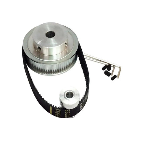 Gear Up With This Timing Belt And Pulley Kit Featuring 50 Teeth Aluminum Big Pulley And 25 Teeth Small Pulley 3M Pitch 276 Belt 15 Millimeter Wide Two To One Reduction Includes Allen Keys And Screws For CNC And 3D Printer Projects.