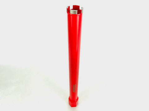 Front view of red diamond core drill bit with hex shank, standing upright for concrete/masonry drilling.
