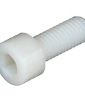 Top Shelf M3x8 Nylon PA66 Hex Socket Head Cap Screw showing white PA66 material, used for non-conductive applications.