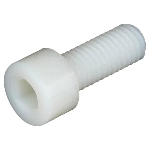 Top Shelf M3x8 Nylon PA66 Hex Socket Head Cap Screw showing white PA66 material, used for non-conductive applications.