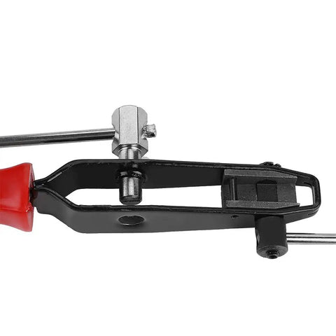 Close-up view of CV Joint Ear Clamp Banding Tool With Cutter For Car Repair Pro Grade Heavy Duty Pliers, red handle, steel jaws.