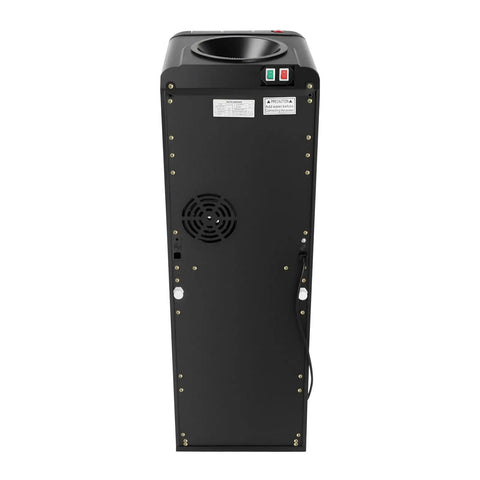 Back view of Top Loading Water Cooler With Three Temperature Options Hot Cold Warm For Three Or Five Gallon Bottles Stainless Steel Liner 75W Cooling And 550W Heating Child Safety Lock Black Finish For Home And Office