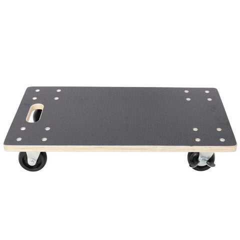 Heavy Duty Wooden Moving Dolly Set With 4 Smooth PP Wheels And Smart Brakes For Effortless Sliding of heavy items on a black textured surface.