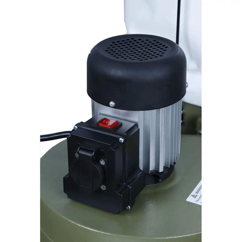 Close-up of the Smart Dust Collector With 1HP 7Amp Motor, Quiet Air Filtration Vacuum, black motor housing and dual action switch