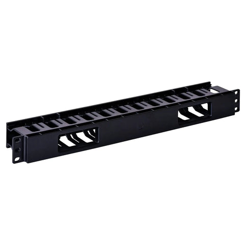 1U 19 Inch Plastic Server Rack Cable Management Raceway With Removable Panel Cover, black, front view