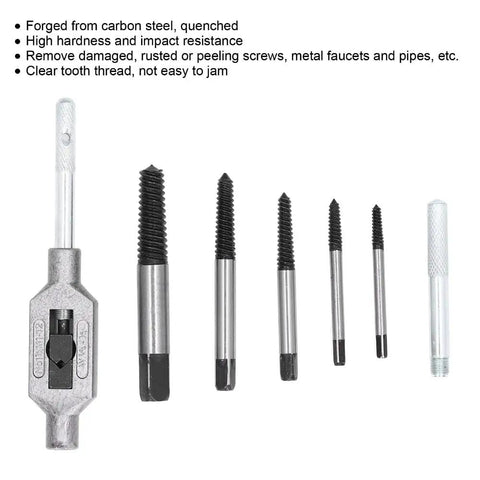 Heavy Duty Adjustable Tap Twister Wrench Set For Broken Bolt Removal, Tough Carbon Steel Screw Extractor Kit Fixing Damaged Screws And Rusted Faucets With 3-19mm Range And Long Handle Leverage Power, 7-piece set