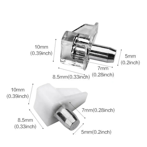 Clear Plastic Shelf Support Pins For Cabinets And Shelves Heavy Duty Wall Mount Pins with dimensions and design details.