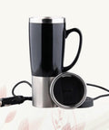 Heavy Duty Stainless Steel Car Kettle 50 Watt Portable Water Heater With Cigarette Lighter Plug For Swift Boiling Road Trip Coffee Mug And Beverage Setup with a black design and stainless steel base.