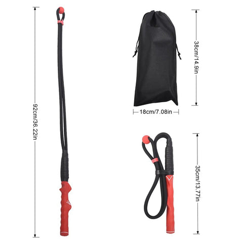 Golf Swing Rope Trainer For Warm Up And Power Pro Level Practice Rope For Golfers Boost Swing Speed Tempo And Precision Includes Handy Storage Bag Red shown with bag and dimensions