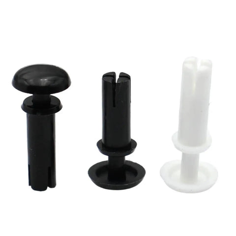 Three Heavy Duty Nylon Push In Rivets Clamp, two black and one white, for securing thin parts easily and fast.