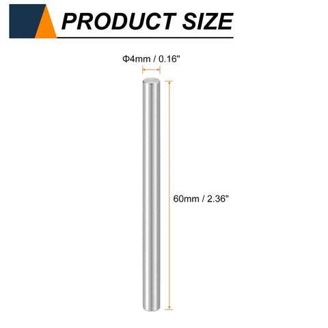 25 Piece M4 X 60mm Dowel Pins Set In 304 Stainless Steel, silver cylindrical pin with measurements displayed
