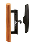 Sliding Glass Door Handle Set With Hook Style Internal Lock Diecast And Wood Construction Black Finish DIY Friendly Three And A Half Inch Centers Non Handed For Left Or Right Patio Doors Fits One Inch Thick Frames