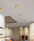 8 Pack Brass Trim Retrofit LED Recessed Lighting Tough As Nails Copper Housing Directional Eyeball Downlights Triple Switch 3000K To 6500K Clean Smooth Glow installed in a retail space.