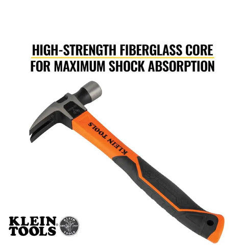 Heavy Hitting 16-Ounce Straight-Claw Hammer with Fiberglass Shock Absorbing Grip, featuring non-slip handle and smooth head.