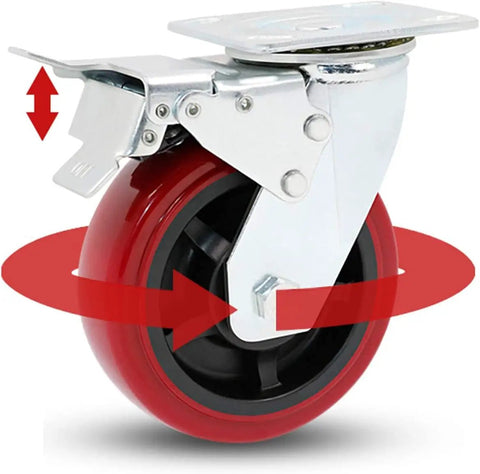 Kickass Heavy Duty Swivel Casters Four Pack With Slick Polyurethane Tires And Rock Solid Ball Bearings For Effortless Office Furniture And Shop Cart Glide Zero Hassle Install showing a red swivel caster wheel with a steel base.