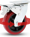 Rock Hard Heavy Duty Swivel Casters 4 Pack With Steel Plate Mount And Precision Ball Bearing Polyurethane Wheels For Workshop Cart Dolly Upgrades close-up of caster wheel with red polyurethane and metal mount