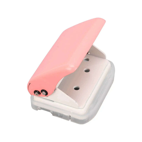 Three Hole Punch Handheld Paper Puncher With Five Sheet Capacity And Alignment Posts in pink, showing three punch holes, portable design.