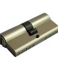 Side view of brass door lock cylinder with float cam and slide blade for wooden/aluminum doors, 70mm length.