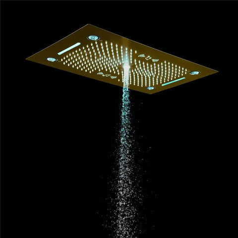 Premium Recessed Led Bluetooth Shower Combo With Heavy Duty Slide Rail 6 Way High Pressure Rainfall Tub Faucet Kit In Brushed Nickel showerhead with water flow.