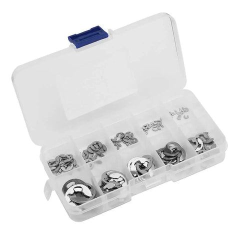 E Clip Assortment Kit 120 Pieces Durable Stainless Steel Circlip Snap Rings for Machine Shafts 1.5 to 10 mm Silver Sweet for DIY Auto Repairs and Home Upgrades Gear Head Approved., open storage box with assorted stainless steel E-clips