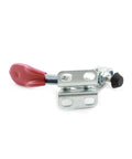 Two Pack Heavy Duty Horizontal Toggle Clamp Set For Woodworking, Quick Hold Pliers Clamp, 27 Kg / 60 Lb Holding Capacity, 80 Degree Handle Opening, 90 Degree Bar Opening, Red And Silver Metal Plastic Build, 60G Each. Horizontal toggle clamp with red handle and silver metal body for woodworking