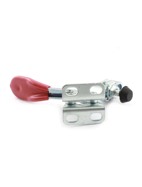 Two Pack Heavy Duty Horizontal Toggle Clamp Set For Woodworking, Quick Hold Pliers Clamp, 27 Kg / 60 Lb Holding Capacity, 80 Degree Handle Opening, 90 Degree Bar Opening, Red And Silver Metal Plastic Build, 60G Each. Horizontal toggle clamp with red handle and silver metal body for woodworking