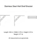 Stainless Steel Triangular Wall Shelf Bracket For Standard Wood Planks, dimensions and side view shown, heavy duty corner mount