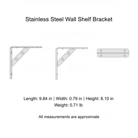 Stainless Steel Triangular Wall Shelf Bracket For Standard Wood Planks, dimensions and side view shown, heavy duty corner mount