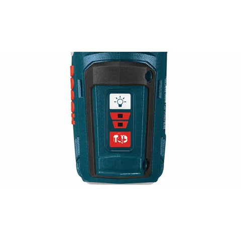 Close-up of Compact Lightweight Brushless Cordless Impact Driver Kit battery control panel with power and light buttons visible.