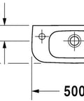 Technical sketch of a D Code Hand Rinse Basin With Overflow, Rectangular Deck Mounted Sink With Rear Drain And Left Side Faucet Hole.
