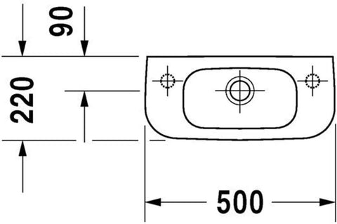 Technical sketch of a D Code Hand Rinse Basin With Overflow, Rectangular Deck Mounted Sink With Rear Drain And Left Side Faucet Hole.