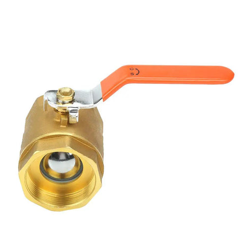 Heavy Duty Brass Ball Valve Two Inch Smooth Pass Minimal Drag Shut Off Handle For Plumbing Gas Pipes And Water Hookups Rust Proof Hardware, side view with orange handle.