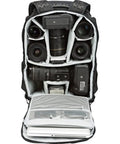 Open compartment of Shoulder Camera Bag And Laptop Backpack With All Weather Cover For 15.6 Inch Laptops showing camera storage