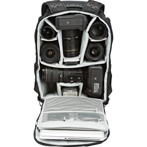 Open compartment of Shoulder Camera Bag And Laptop Backpack With All Weather Cover For 15.6 Inch Laptops showing camera storage